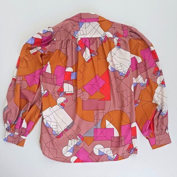 OVI Bright Geometric Mod Print Blouse Balloon Sleeve Sz L - Picture 3 of 8